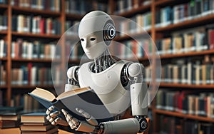 Artificial intelligence or AI robot reads a book in the library Concept of collecting data of artificial intelligence or AI