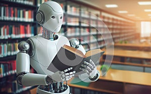 Artificial intelligence or AI robot reads a book in the library Concept of collecting data of artificial intelligence or AI