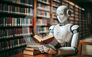 Artificial intelligence or AI robot reads a book in the library Concept of collecting data of artificial intelligence or AI