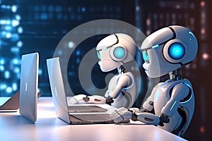 Artificial intelligence, or ai robot working at office by using computer laptop and typing keyboard, Technology in future,