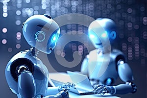 Artificial intelligence, or ai robot working at office by using computer laptop and typing keyboard, Technology in future,