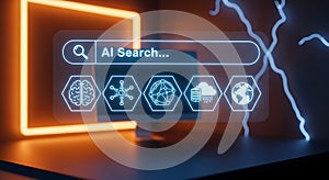 Artificial intelligence AI search interface with brain cloud data globe icons