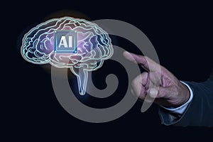 Artificial intelligence (AI) technology concept with digital brain hologram.