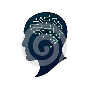 Artificial Intelligence AI vector logo. Artificial human brain. Human head silhouette. Neural network concept. Brain-shaped