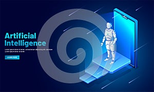 Artificial intelligence (AI) web template design, isometric smartphone with robotic organism for machine learning concept.