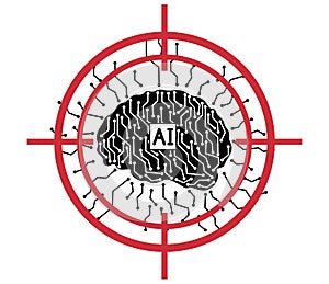 Artificial intelligence at aim, silhouette of brain with links, target. Vector illustration