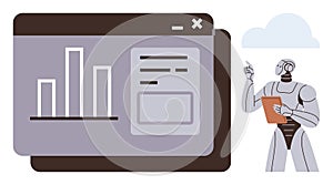 Artificial Intelligence Analyzing Data with Digital Chart and Robot Holding Tablet in Cloud Environment