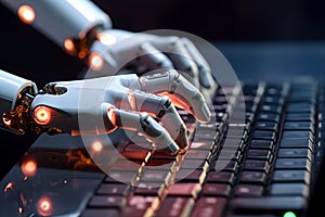 Artificial intelligence android robot hands writing text on compurter keypad