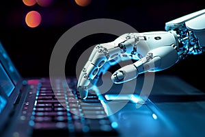 Artificial intelligence android robot hands writing text on compurter keypad