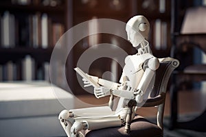 Artificial intelligence android robot reading a book.