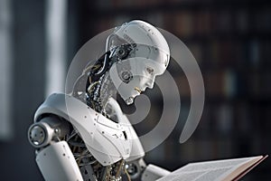 Artificial intelligence android robot reading a book. Generative AI
