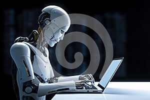 Artificial intelligence android robot writing text on laptop. Generative AI
