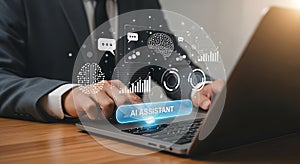 Artificial Intelligence Assistant on Laptop Display for Business Solution Technology