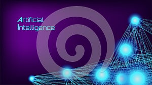 Artificial Intelligence Background. Text on Purple gradient backdrop with Neural Network concept. Blue lines with glowing neurons