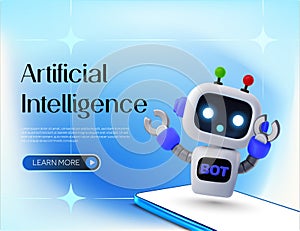 Artificial intelligence banner template with cute robot floating on smartphone. AI chatbot mobile app service landing