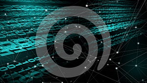 Binary code connected lines of cyber security and machine learning in abstract world of binary numbers and artificial intelligence