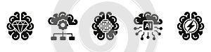 Artificial Intelligence Black Glyph Icon Set. Machine Learning Solid Symbol Collection on White Background. Digital