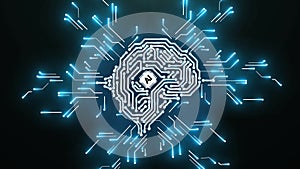 Artificial intelligence brain animation data mining, deep learning. Electronic brain powered by processor. Futuristic