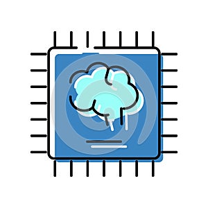 Artificial intelligence brain on computer microchip icon for computing