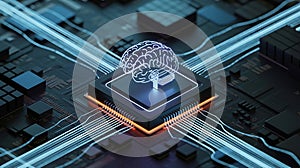 Artificial intelligence brain concept visualized on a modern computer processor chip