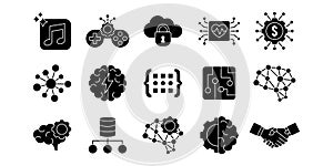 Artificial intelligence brain data processing icon set solid style for modern technology concept