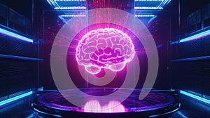 Artificial intelligence brain glowing in digital data environment