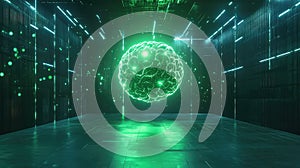 Artificial intelligence brain glowing in digital network room