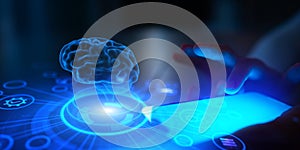 Artificial Intelligence Brain Hologram Emerging from Digital Tablet Interface