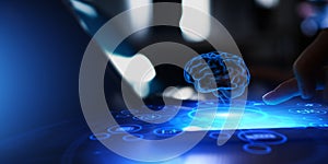 Artificial Intelligence Brain Hologram Emerging from Digital Tablet Interface