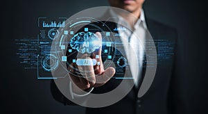 Artificial Intelligence Brain Interface and Businessman Pointing at Holographic AI Technology
