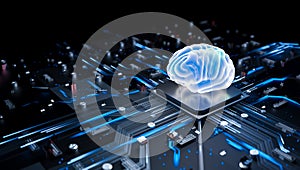 Artificial intelligence brain on microchip with blue circuits, futuristic neural processor, 3D illustration, technology concept,