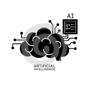 Artificial intelligence brain with microchip icon