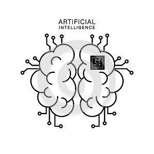 Artificial intelligence brain with microchip icon