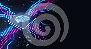 Artificial intelligence brain on a microchip processor representing future technology innovations with complex circuit board