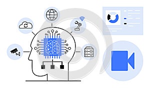 Artificial Intelligence Brain with Tech Connections and Data Visualization Elements
