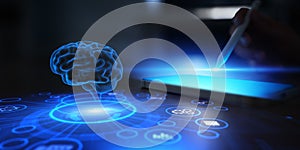 Artificial Intelligence Brain Visualization Emerging from Digital Tablet Interface