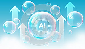 Artificial Intelligence Bubble Concept, AI processor chip in a bubble. Symbolizing the AI tech market bubble and hype