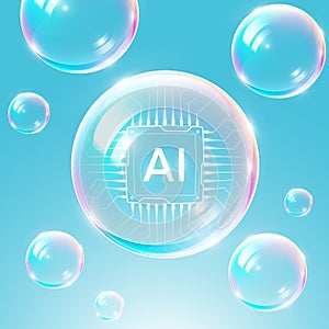 Artificial Intelligence Bubble Concept, AI processor chip in a bubble. AI tech market bubble and hype, vector illustration
