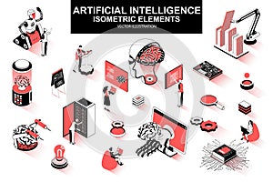Artificial intelligence bundle of isometric elements. Electronic brain, cyborg, deep learning, futuristic technology, robot