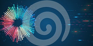 Artificial intelligence, business analytics. An array of information in the form of a disk. Large data stream on a dark background