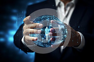 Artificial intelligence businessman touching ai machine learning on virtual screen with big data