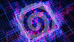 Artificial intelligence central processing unit background. Quantum computing core with data flows and logic operations