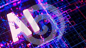 Artificial intelligence central processing unit background. Quantum computing core with data flows and logic operations