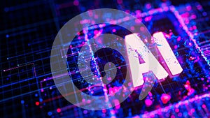 Artificial intelligence central processing unit background. Quantum computing core with data flows and logic operations