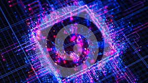 Artificial intelligence central processing unit background. Quantum computing core with data flows and logic operations