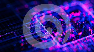 Artificial intelligence central processing unit background. Quantum computing core with data flows and logic operations