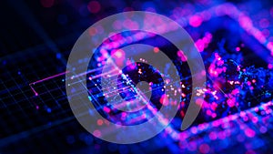 Artificial intelligence central processing unit background. Quantum computing core with data flows and logic operations