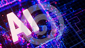 Artificial intelligence central processing unit background. Quantum computing core with data flows and logic operations