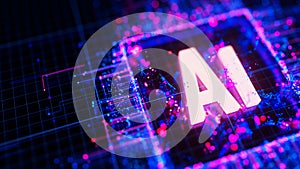 Artificial intelligence central processing unit background. Quantum computing core with data flows and logic operations