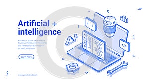 Artificial intelligence Chat GPT robotic technology isometric web banner monochrome vector photo